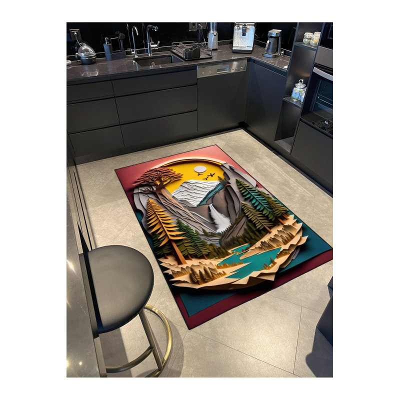 Tapis tissé à motifs de peinture de style montagne et paysage, Sous-tapis carré 3 pi 11 po inclus
