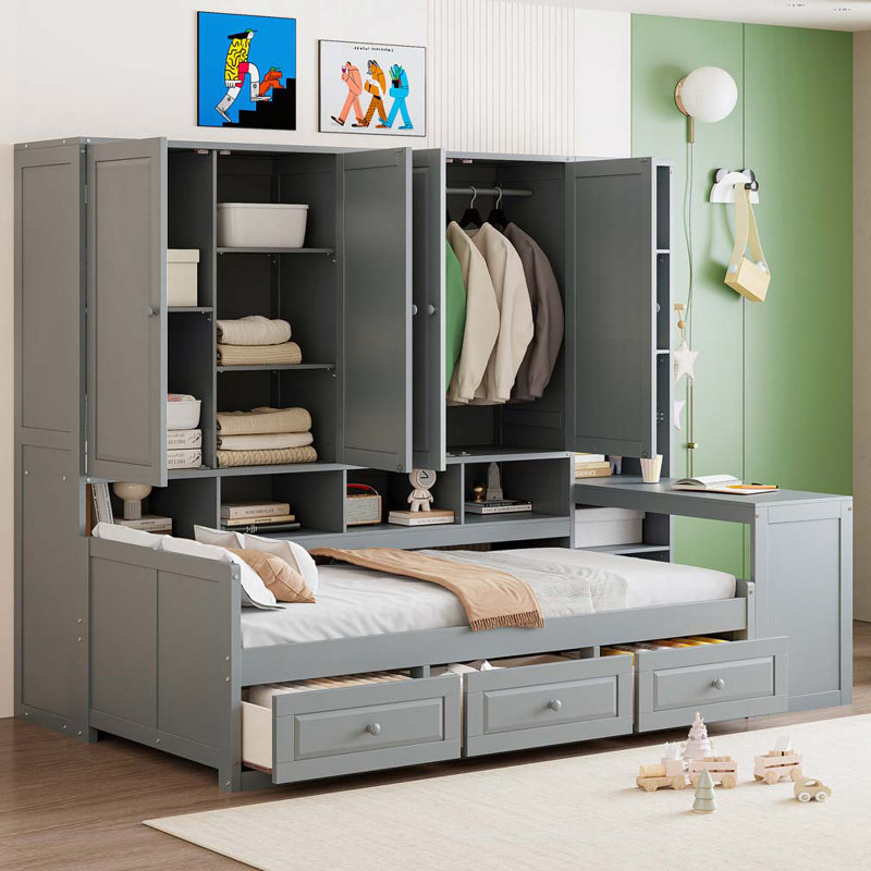 Wood Storage Daybed Frame With 3 Drawers,All-in-One Cabinet, Desk and Shelves, Gray, Twin