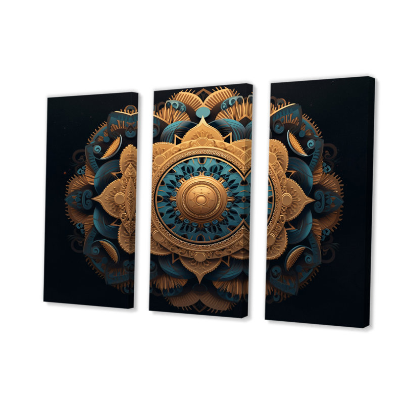 Ancienne Atlantis Mandala en or et turquoise III - ensemble d'art mural toile boho mandala, H 32 po x l 48 po x P 1 po