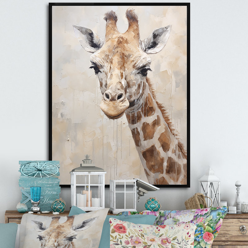 Minimalisme, girafe beige - impressions sur toile, H 20 po x l 12 po x P 1 po, Cadre flottant noir