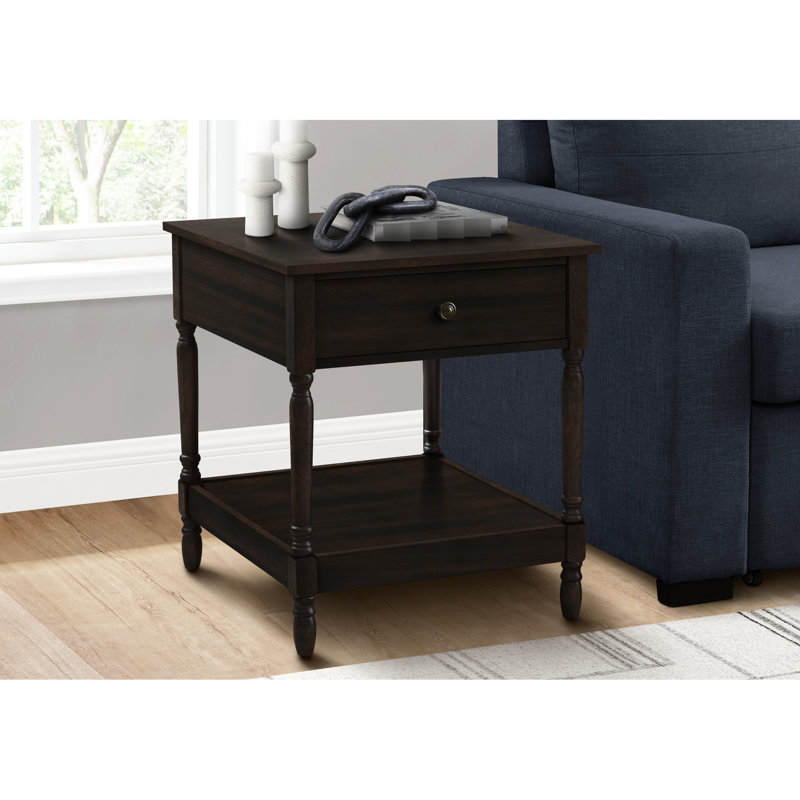 Table d'appoint en placage noyer brun avec tablette inférieure pour la décoration de chambre à coucher carrée et tiroir spacieux