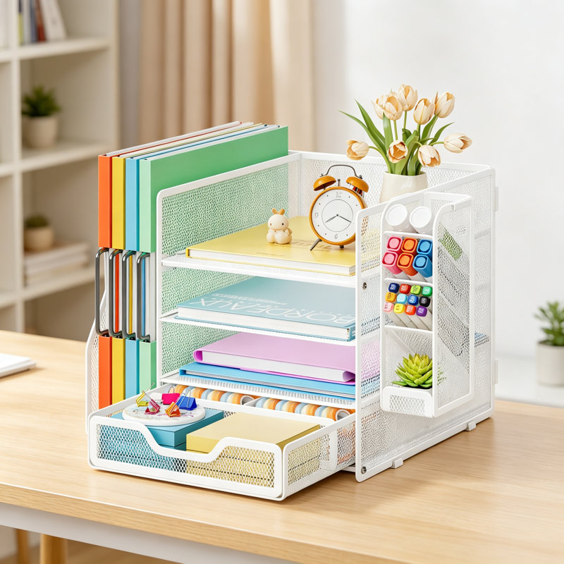 White Mesh 4‑Tier Desk Organizer