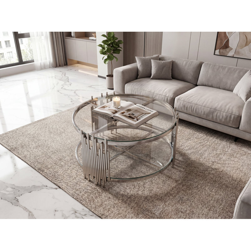 Table basse ronde en verre L 31,5 po x l 31,5 po x H 17,72 po 201 pièces en acier inoxydable et verre trempé argenté + transparent double assemblage facile