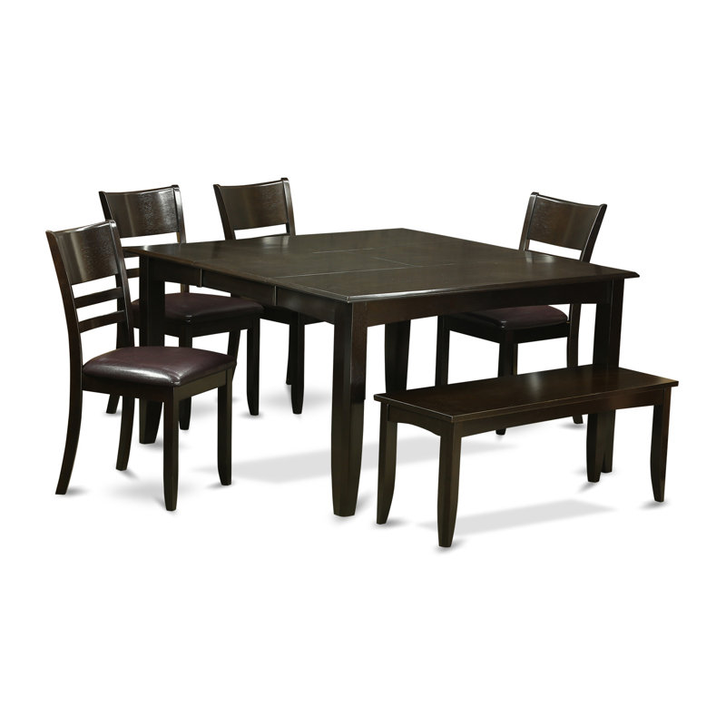 L'ensemble de salle à manger 6 pièces contient une table de salle à manger carrée avec feuille papillon et 4 chaises de cuisine en similicuir avec banc, cappuccino