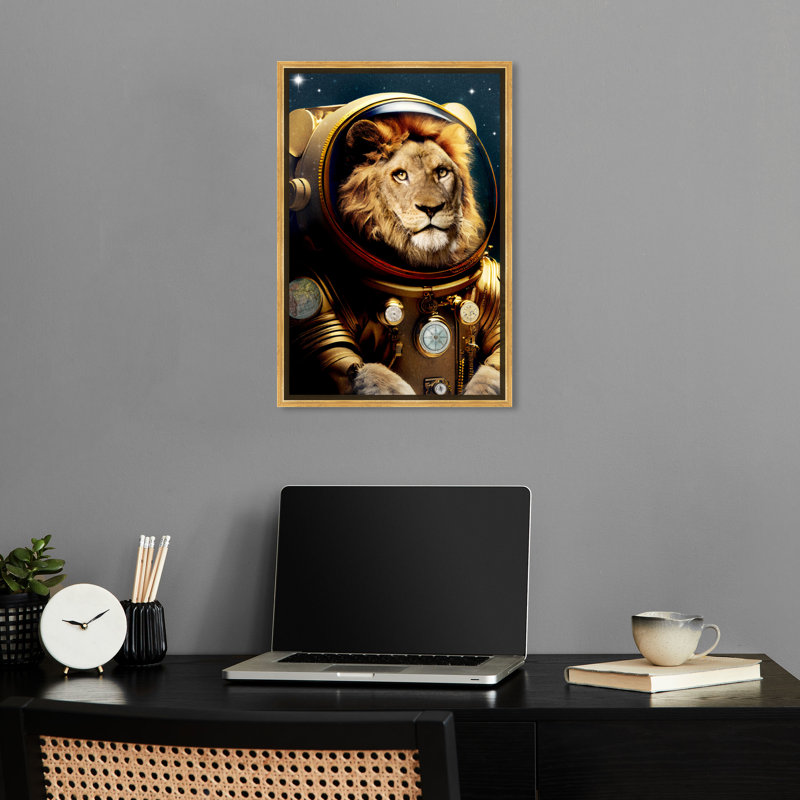 «Bright Lion Astronaut Wall Art» par Notoriart, H 31 po x l 25 po, Cadre doré