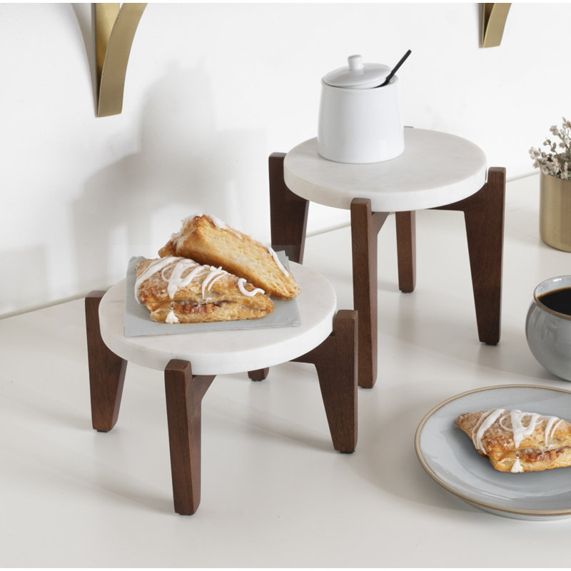 Durham 2 Piece Round Plant Stand Set, White/Walnut