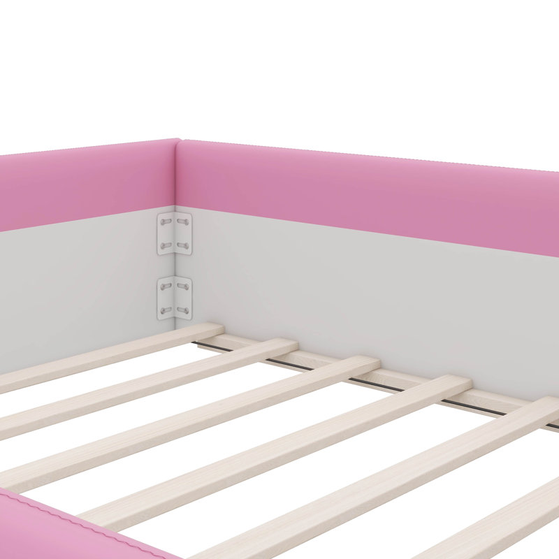 Upholstered Daybed Frame With Fence And Stairs, Full, Pink/White