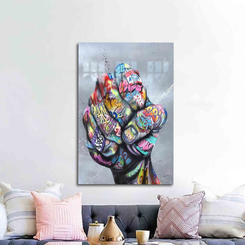 «Inspirational Fist Graffiti» imprimé sur verre pour décoration murale | Rectangle, H 47,2 po x l 70,9 po