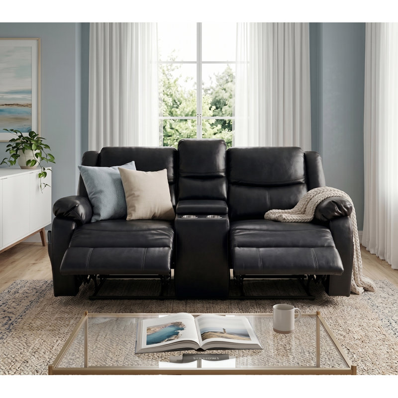 Ensemble de canapé inclinable en similicuir de 67 po de largeur avec console de table basse intégrée, Black