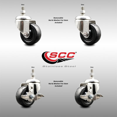 316SS Soft Rubber Wheel Swivel Threaded Stem Caster Set 2 Brakes