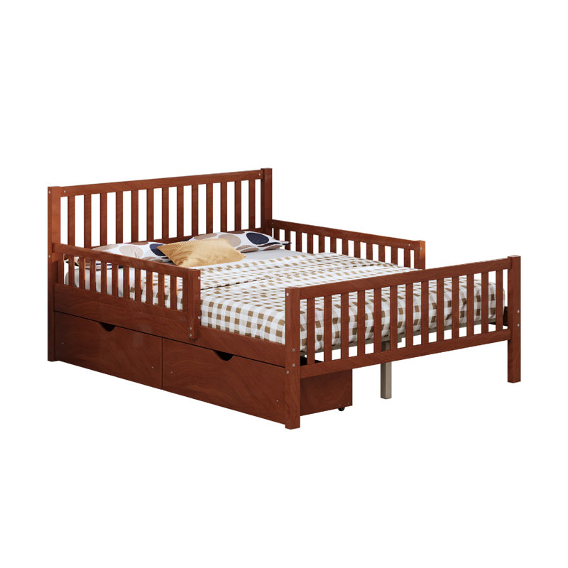 Curits 2 Drawers Platform Bed with Guardrails, Full, Walnut