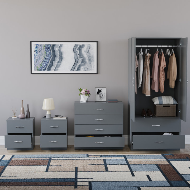Tayce 4 Piece Bedroom Set (2 Drawer Bedside Chest X2, 4 Drawer Chest, 2 Door 2 Drawer Wardrobe), Grey