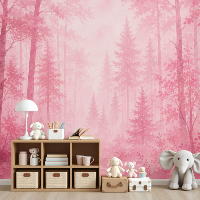 Papier peint auto-adhésif Peel and Stick, aquarelle rose, paysage de forêt, grands arbres, subtile brume, H 69 po x l 96 po pour chambre à coucher
