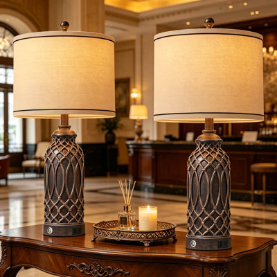 Ensemble de 2 lampes de table de style campagnard avec ports USB et gradation tactile, base en résine tressée avec abat-jour en lin, comprend des ampoules à DEL pour la table de chevet ou le décor du salon