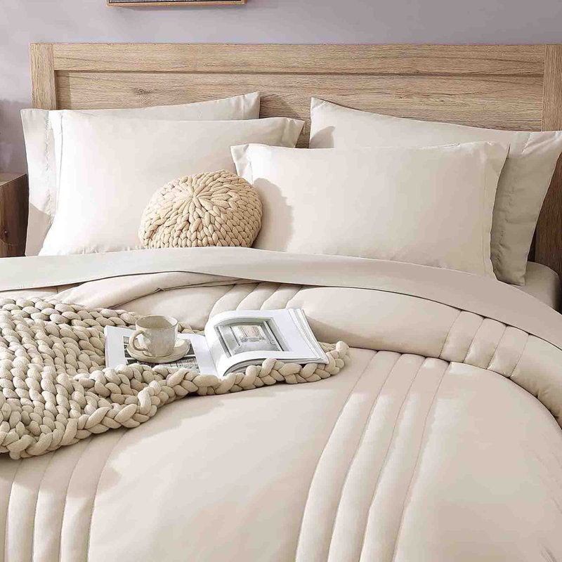 Ensemble de literie pour grand lit 7 pièces toutes saisons 7 pièces, Beige abricot, Lit double