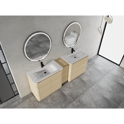 Meuble-lavabo autoportant de 92 po avec lavabo en céramique blanche et 1 petite armoire de rangement à fermeture en douceur, chêne blanc américain, contreplaqué (emballage KD)