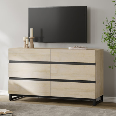 Meuble télé moderne pour téléviseur de 50 po ou moins, centre de divertissement avec 6 tiroirs et base en métal, console multimédia pour le salon et la chambre à coucher