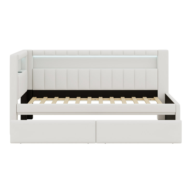 Lit plateforme tapissier avec ports USB et ceinture à DEL, avec 2 tiroirs, Blanc