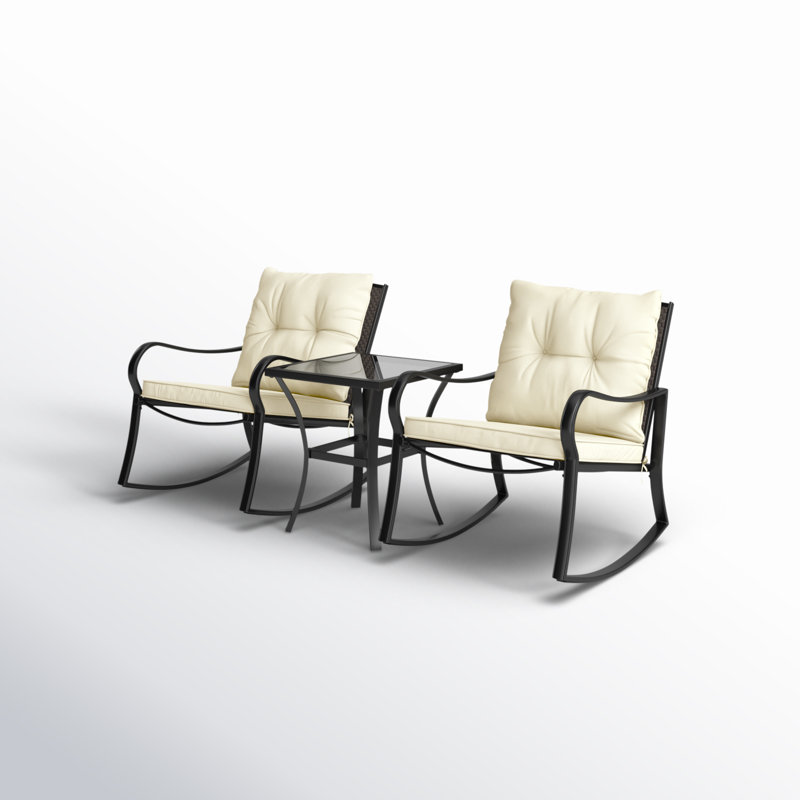 Black Metal and White Cushion 3-Piece Outdoor Rocking Chair Set