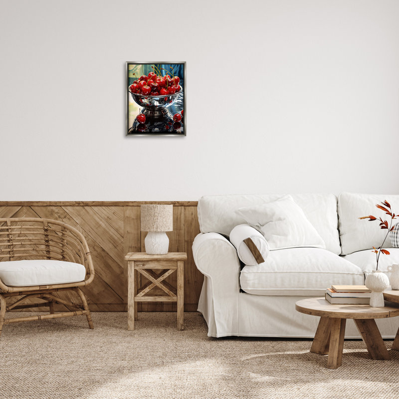 "Bowl Of Cherries Reflection" par RB sur toile, H 21 po x l 17 po, Cadre flottant gris lustré
