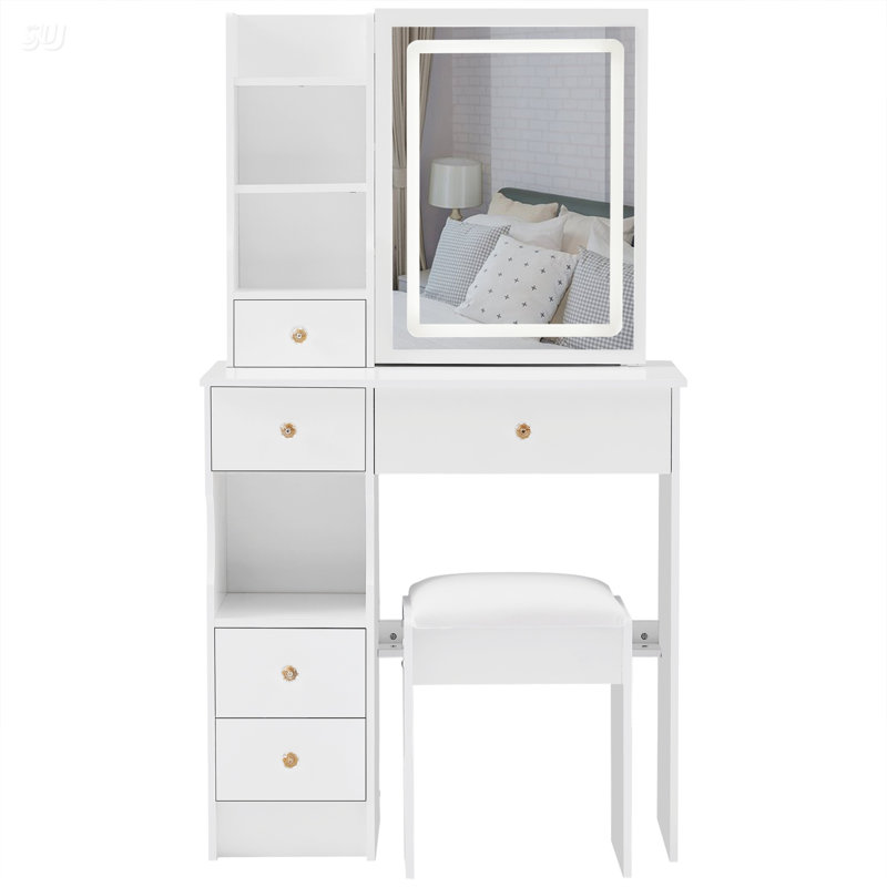 29.2" Small Size Left Drawer Desktop Vanity Table + Cushioned Stool, Large Sliding, Touch Control, Brightness Adjust LED Mirror, High Capacity Storage