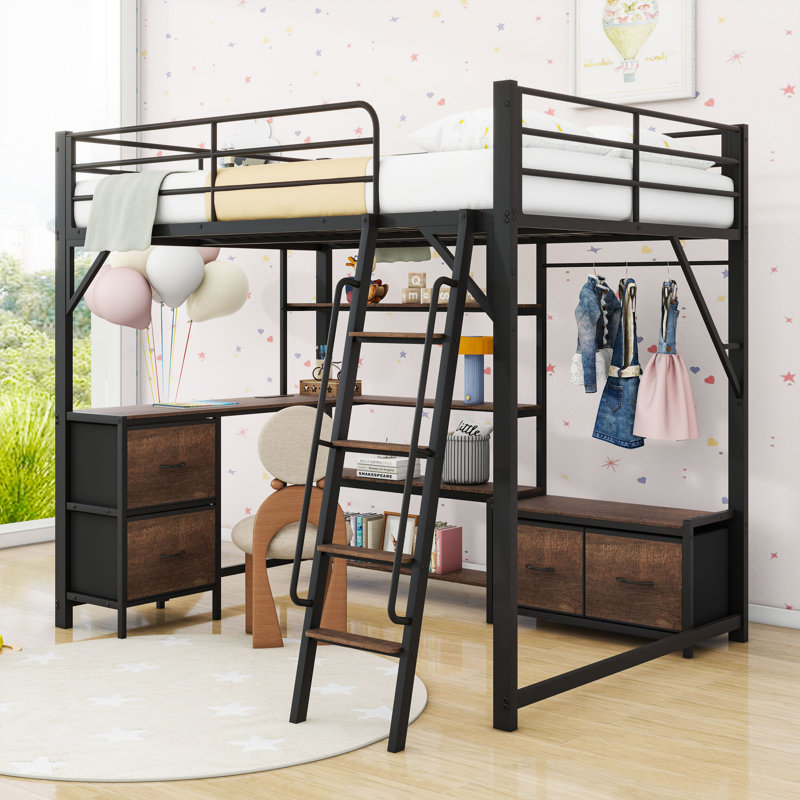 Loft Bed With Desk, LED Light, Storage Shelves, And Charge Station, Full