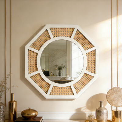 Rattan Wall Mirror Wood Frame Accent Mirror 60x60cm