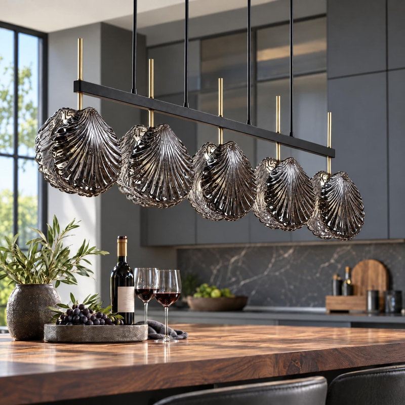 Cinq lumières de style moderne à abat-jour en verre gris pour îlot de cuisine et salle à manger