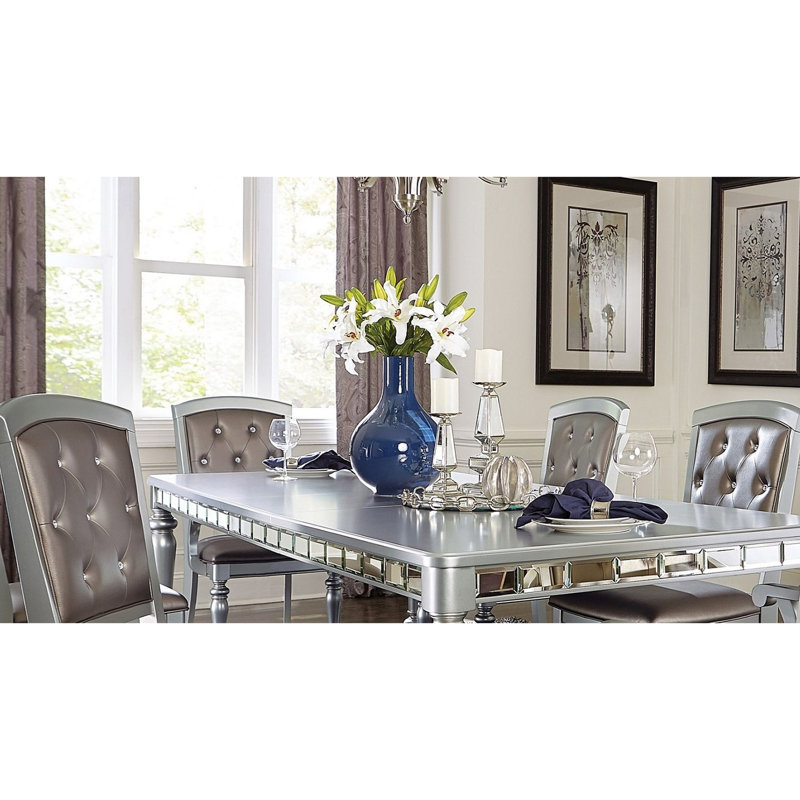 Glamorous 5pc Dining Table In Silver: Rectangular With 4 Stunning Faux Leather Side Chairs Sparkling Silver Collection: And Mesmerizing