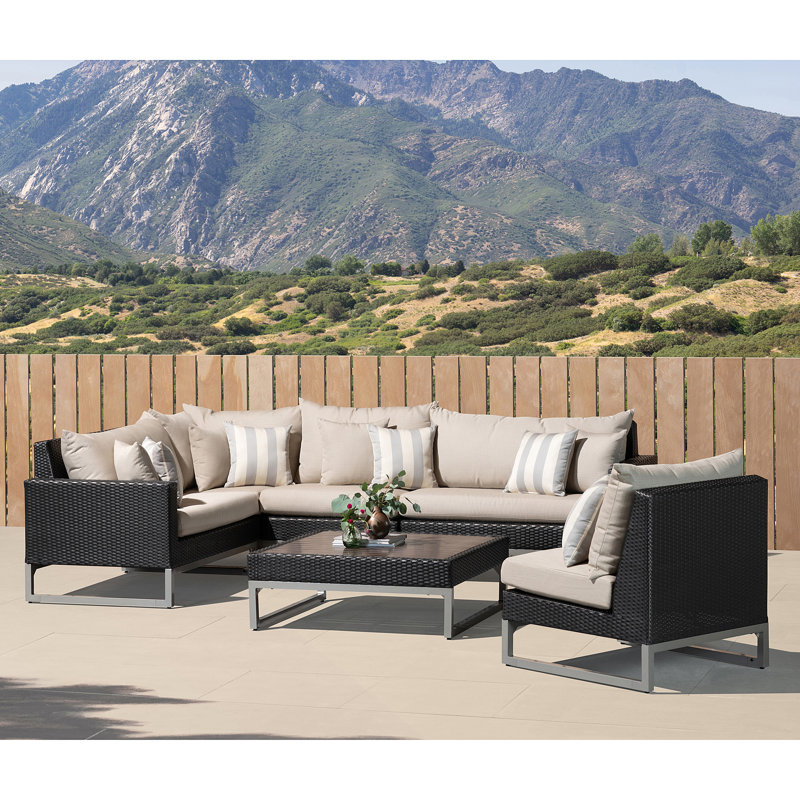 6 Piece Outdoor Sectioanl Seating Group, Centered Ink Stripe Sunbrella®, Brown