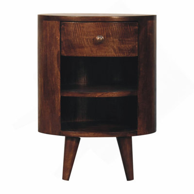 Solid Wood Walnut Bedside, 1-Drawer, 2-Open Shelves, Nordic Legs, Dark Brown