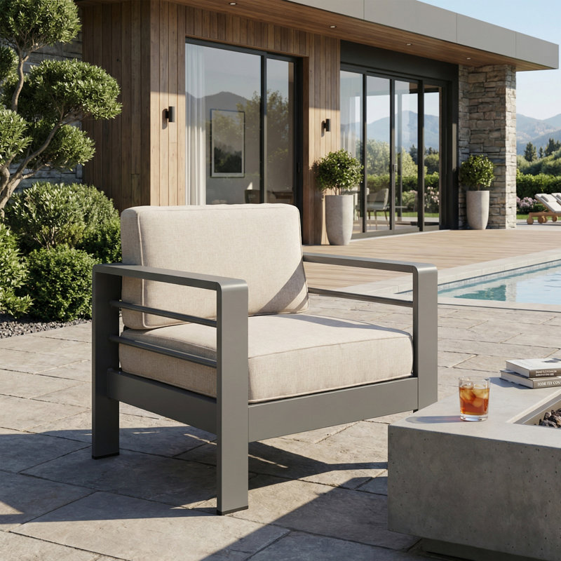 Badnath 32" Wide Polyester Armchair with Optional Sunbrella Cushions, Gray, Beige Olefin