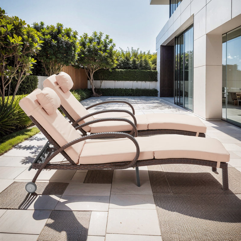 Outdoor Lounge Chairs Set Of 2,Adjustable 5-Position Outdoor Chaise Lounge With Armrests & Wheels For Poolside, Backyard, Deck