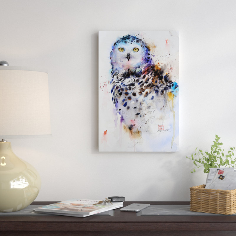 «Owl» par Dean Crouser, reproduction sur toile tendue, H 26 po x l 18 po x P 1,5 po, Papier d'art encadré noir, Pas de tapis