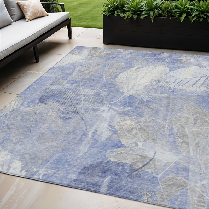 Tapis extérieur lavable à motif floral bleu et ivoire 5 pi x 8 pi