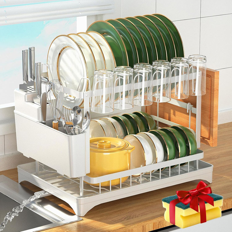 Égouttoir à vaisselle à 2 niveaux en métal résistant à la rouille avec égouttoir pour comptoir de cuisine, Naturel