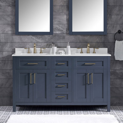 Meuble-lavabo double Tahoe 60 po bleu nuit, comptoir en pierre reconstituée avec dosseret, quincaillerie en laiton satiné