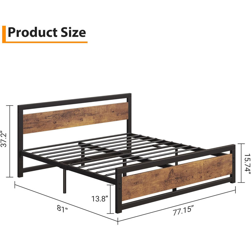 Structure de lit très grand en métal avec tête de lit en bois, aucun sommier nécessaire, plateforme silencieuse de 14 po, brun rustique