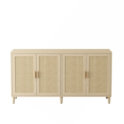 Rattan Buffet Cabinet With Storage, 4-Door Sideboard Buffet Cabinet With Adjustable Shelves For Kitchen, Living Room And Dining Room, Easy Assembly