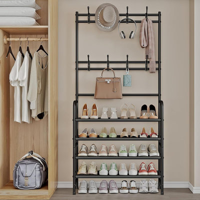Freestanding Coat And Shoe Rack With 4 Tiers, 8 Hooks, And Storage Shelves For Entryway, Bedroom, Or Closet – Black
