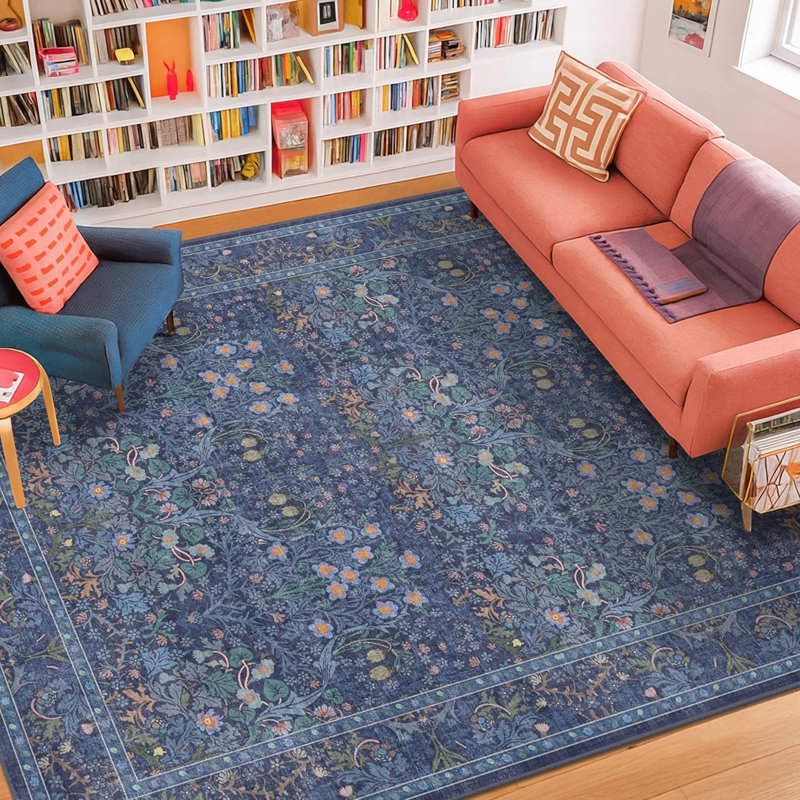 William Morris Style Floral Rug 5' x 7' for Living Room, Blue Multicolor