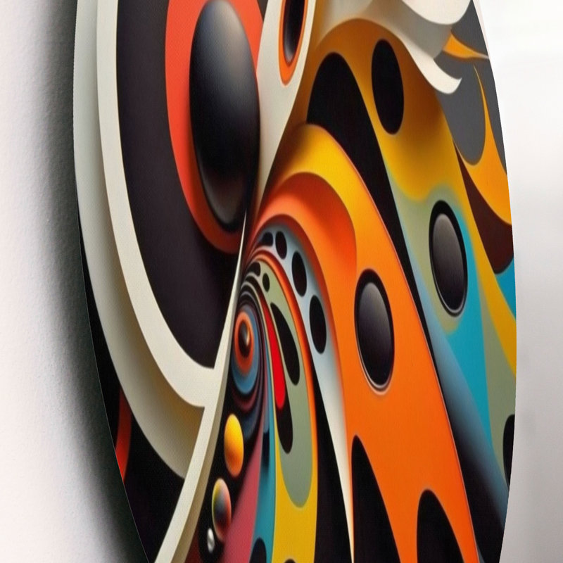 Minimaliste sphères colorées et vagues VII - Art abstrait géométrique rond sur métal, L 16 po x H 16 po
