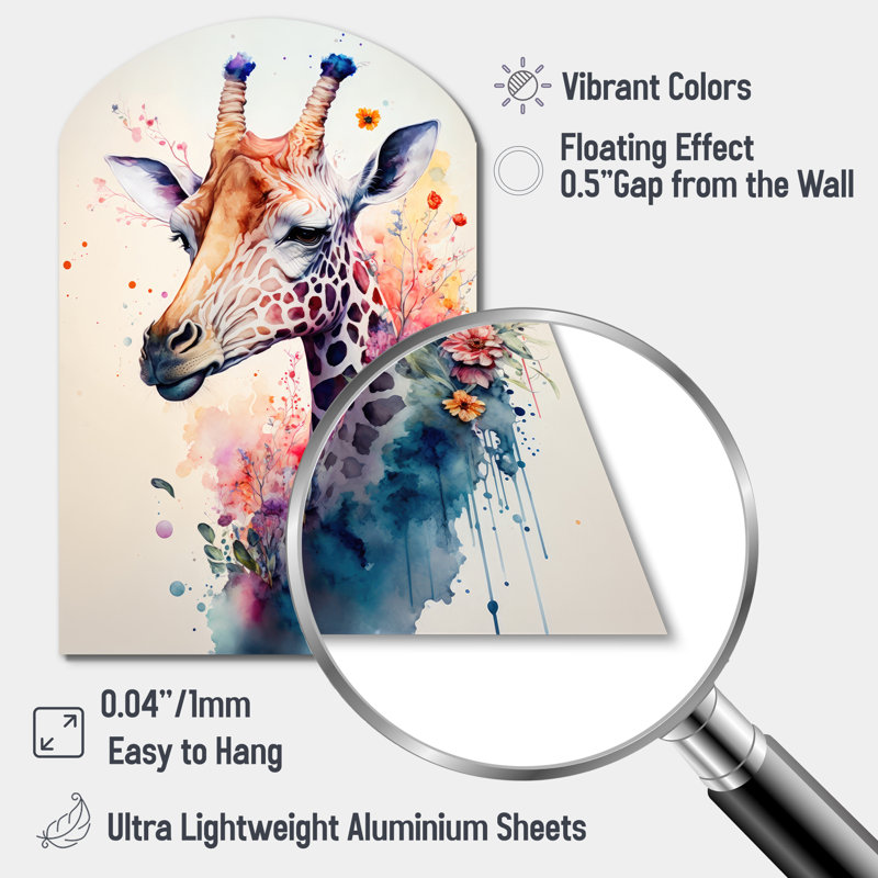 Girafe mignonne, art floral II - art mural en métal girafe, H 34 po x l 25 po x P 1 po