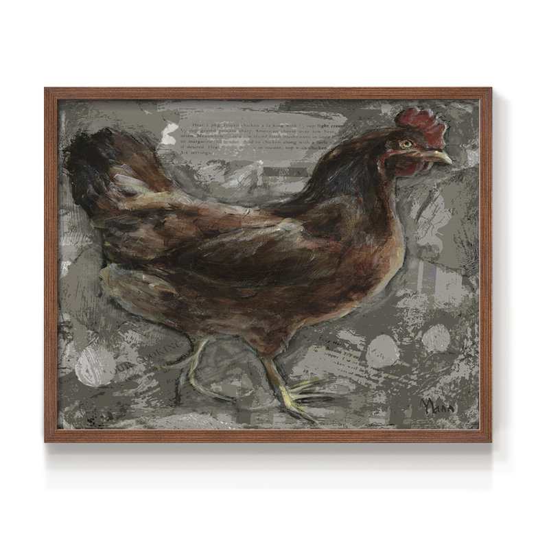Poule rouge - reproduction encadrée - réarmable, H 22 po x l 28 po, Noyer