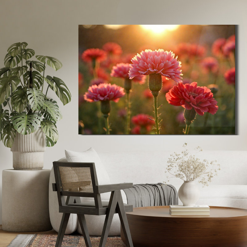 Art mural en verre rose avec œillet rose, 20" H x 30" W