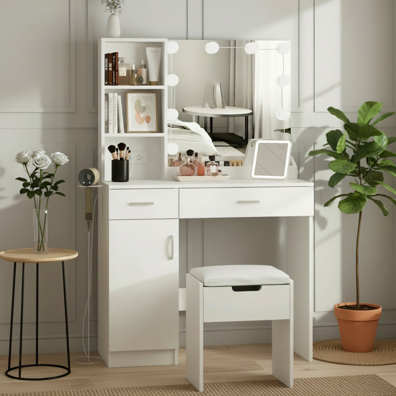 White, Vanity Table With Light And Mirror, Built-In Power Outlet + Multi-Layer Storage Shelves, Bedroom Dressing And Storage Integrated Vanity Table.