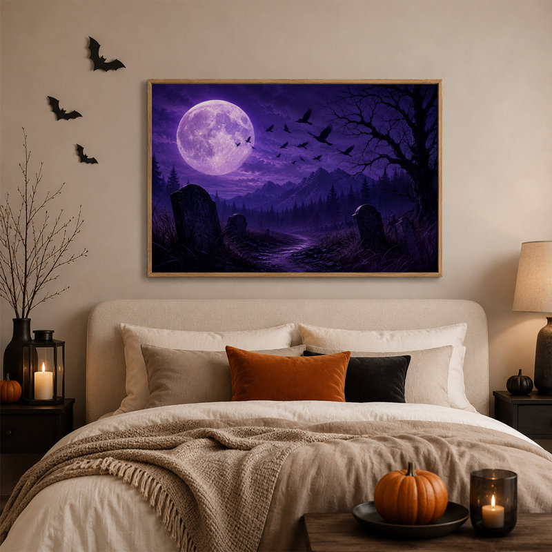 Lune violette et corbeaux volants au-dessus d'un chemin de cimetière - Toile murale d'Halloween, H 32 po x l 48 po