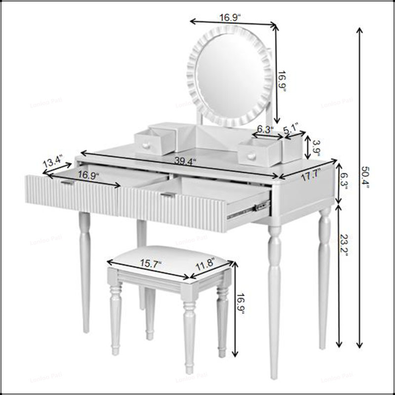 Ensemble de meuble-lavabo réglable luxueux avec plusieurs tiroirs et tabouret, Argent argent