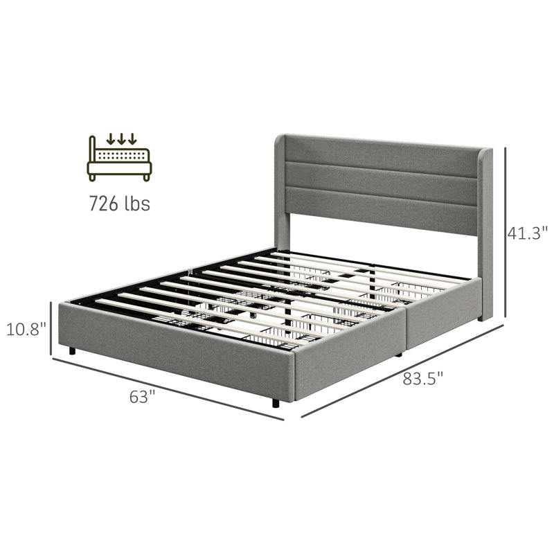 Structure de lit plateforme tapissier grand avec tiroirs, construction silencieuse, assemblage facile, rangement et tête de lit gris, bruit, à assembler,