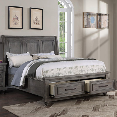 California King Size Bed w Under bed Drawer Vintage Look Gray Color Beautiful Panel Bedframe Bedroom, 98x81 inches, 57 inches tall, MDF, 1-Piece, Bed, Antique Gray, Storage Drawers